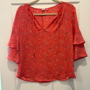 GAP Red and Black Flutter Sleeve Blouse with Ruffled Tie Front